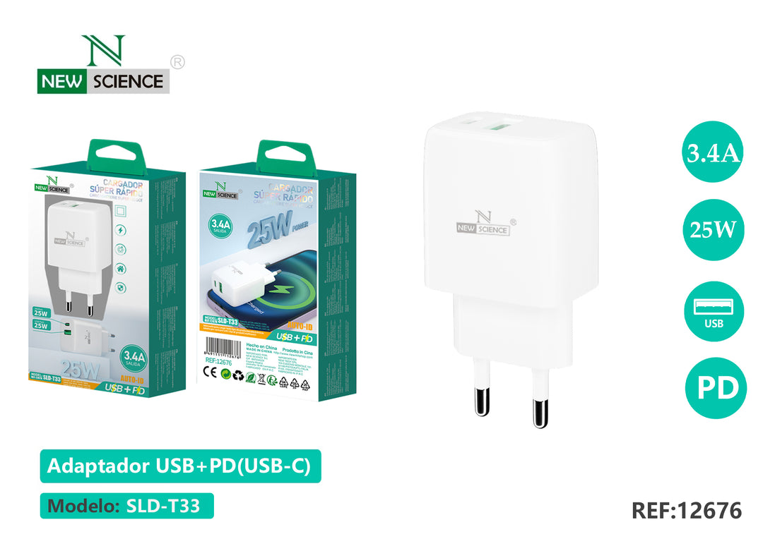 NewScience®Zidni brzo punjač 1USB-C+1USB 25W+25W Model:12676